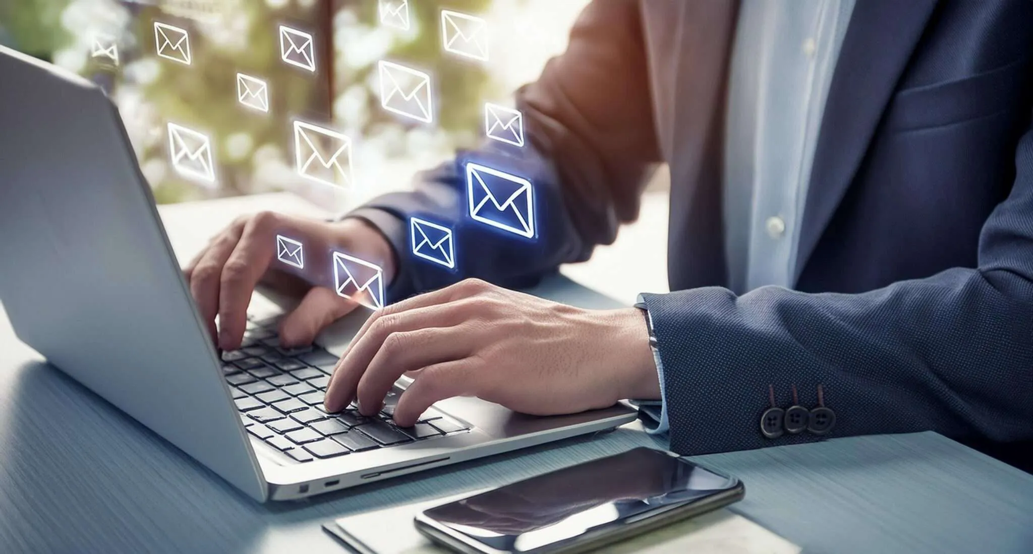 Ondernemer in pak typt op laptop tijdens het zakelijke mail aanmaken met zwevende e-mail iconen.