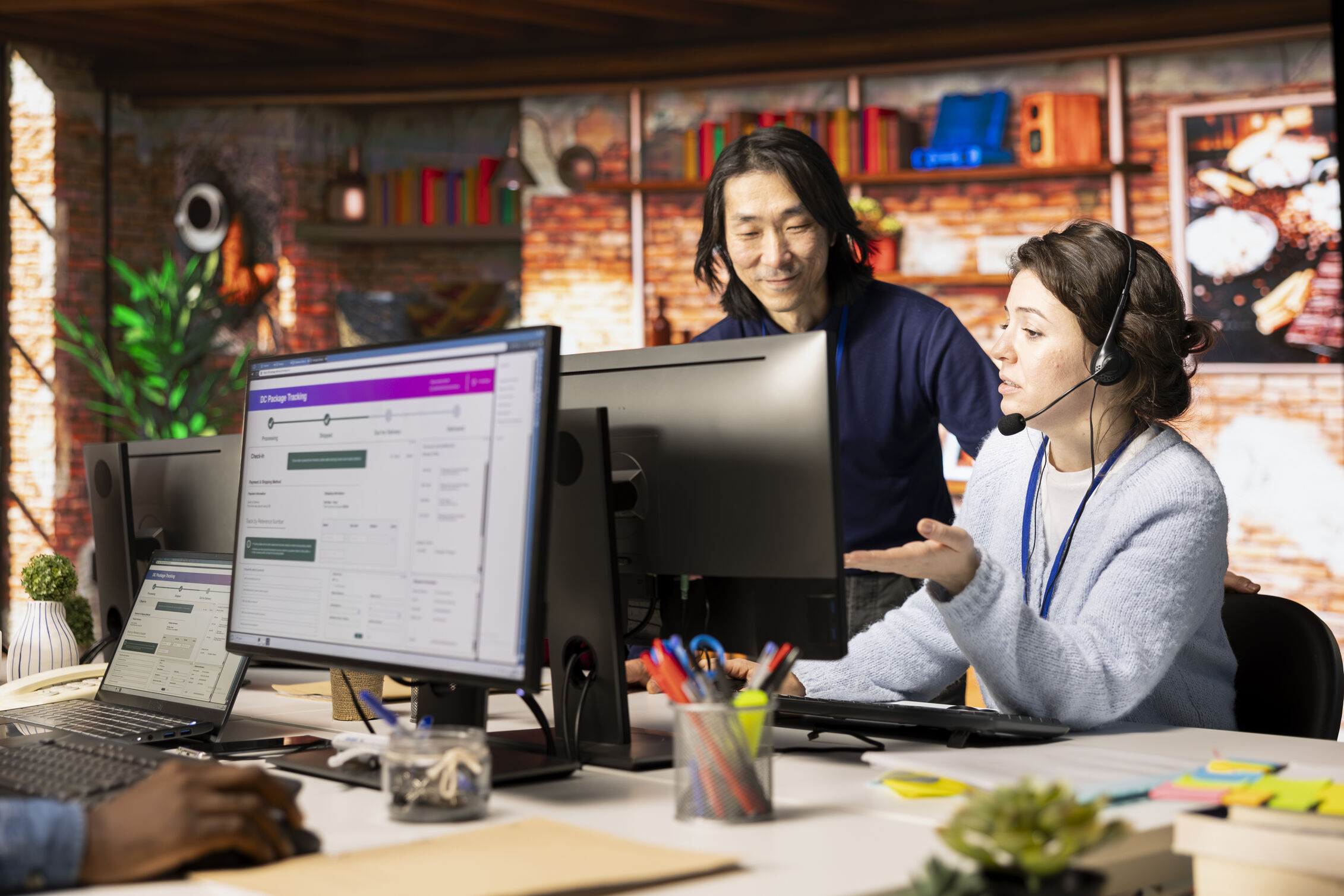 Medewerkers werken samen aan een computer met SharePoint backup software in een moderne kantooromgeving