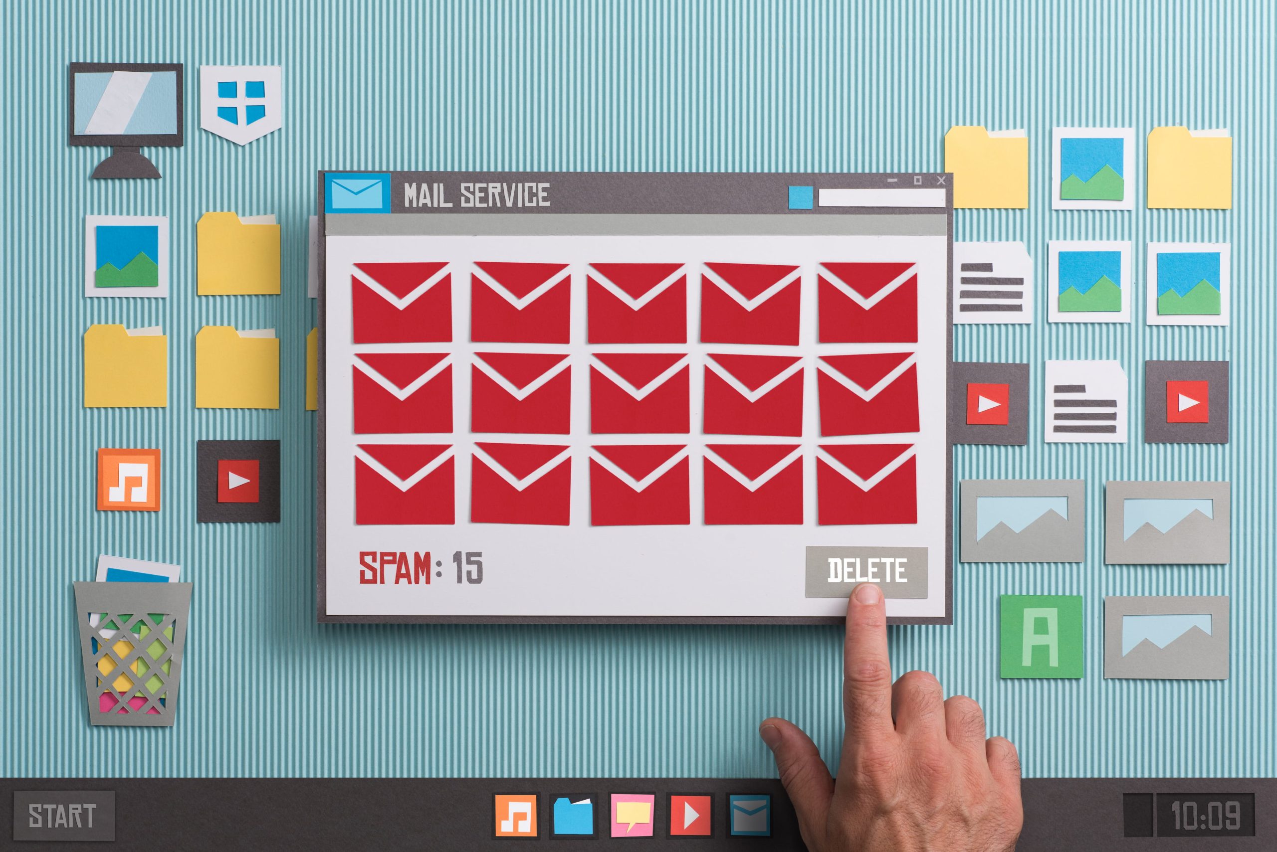 Creatieve weergave van een mailservice interface waarbij een spamfilter zakelijk ongewenste e-mails detecteert en verwijdert